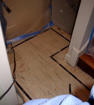 Original inlaid linoleum pattern in back hall, glued directly to quarter-sawn oak [photo taken just before demo]