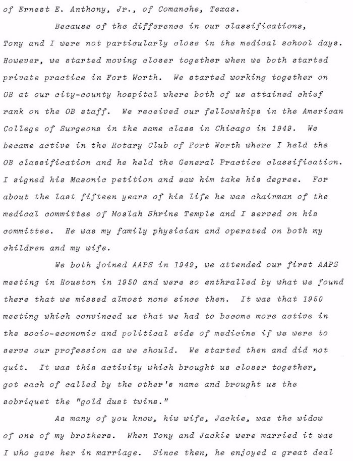Eulogy to Dr. Anthony given by Mal Rumph, MD, October 10, 1975, at AAPS Convention, Lake Buena Vista, Florida